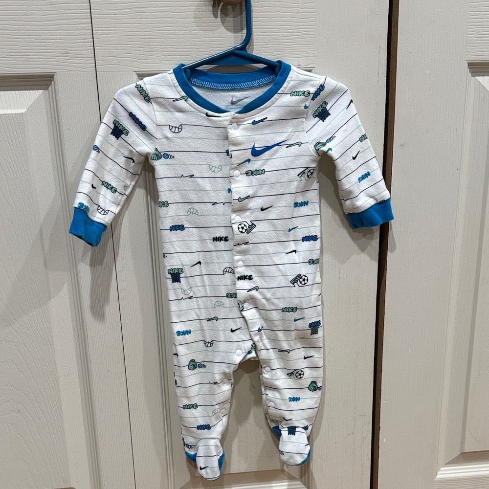 Nike Kids One Piece Pajama- White with Blue Accents 6M